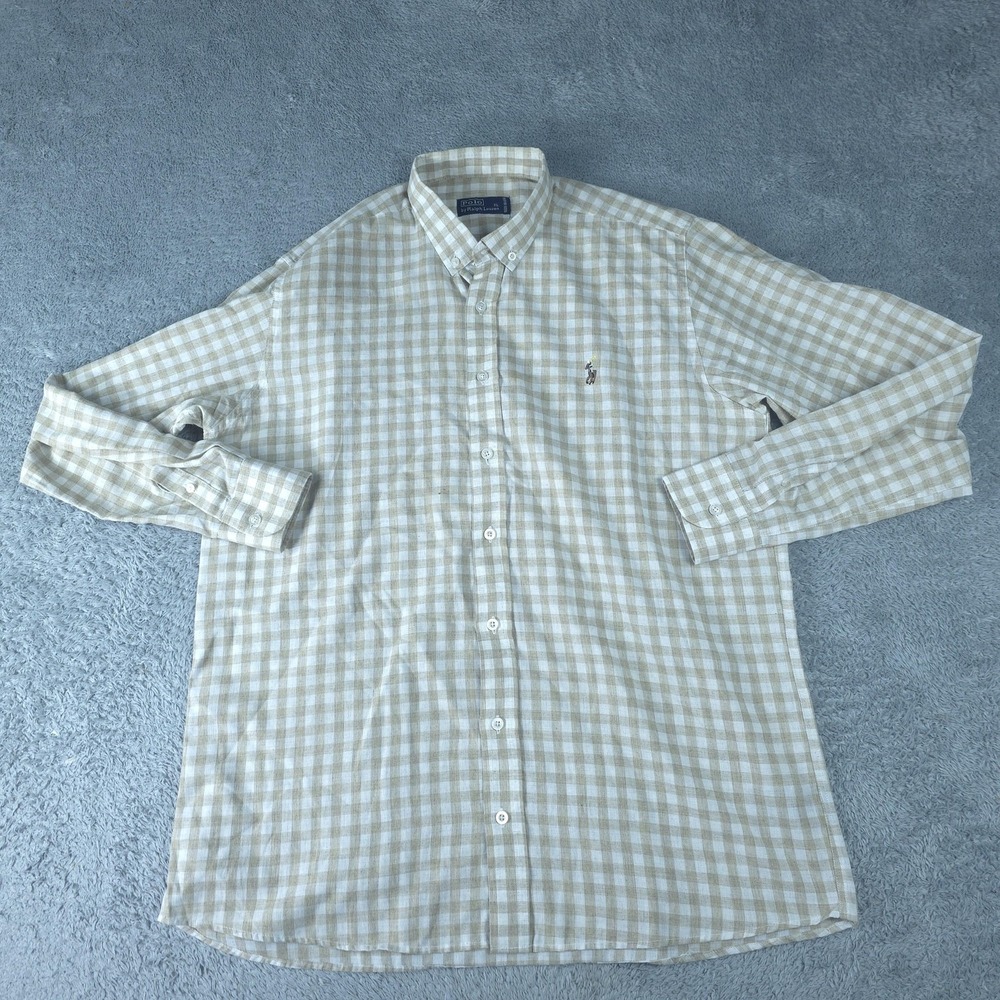 Vintage Polo Ralph Lauren Shirt Mens XL Beige Check Long Sleeve Button Down USA